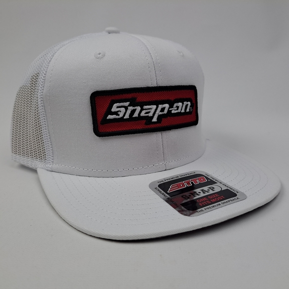 Snap On Embroidered Patch Flat Bill Trucker Mesh Snapback Cap Hat White - Picture 3 of 4